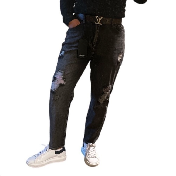 𝅺RETRO High- Rise Kensie Relaxed Fit Distressed Charcoal Jeans - Picture 1 of 9